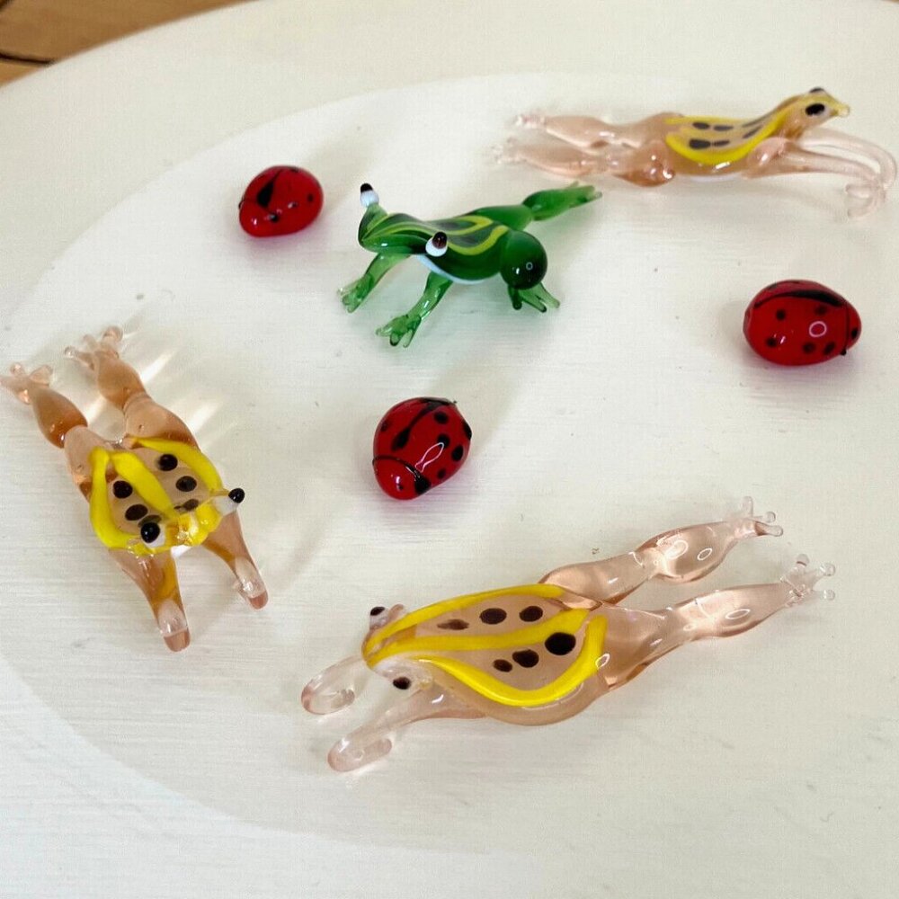 Glass Frog & Ladybug Ornaments including 3 Hanging Figures Hand Crafted